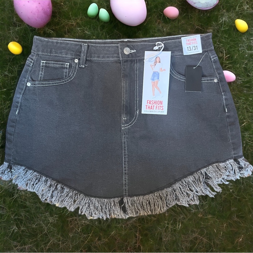 NEW Celebrity Pink Fringed Jean Skirt